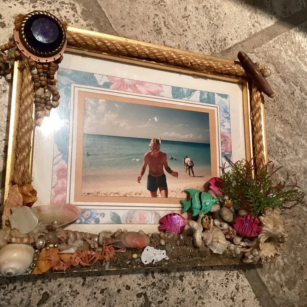 Island inspired handmade picture 3D frame fish, coral, shells and bling